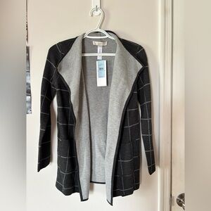 LOFT Reversible Cardigan Sweater Gray Plaid Open Front NWT Petite XXS